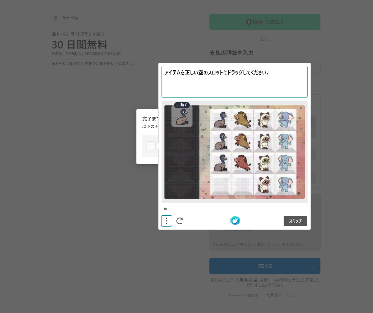 Stripe のセキュリティ確認(CAPTCHA)画面